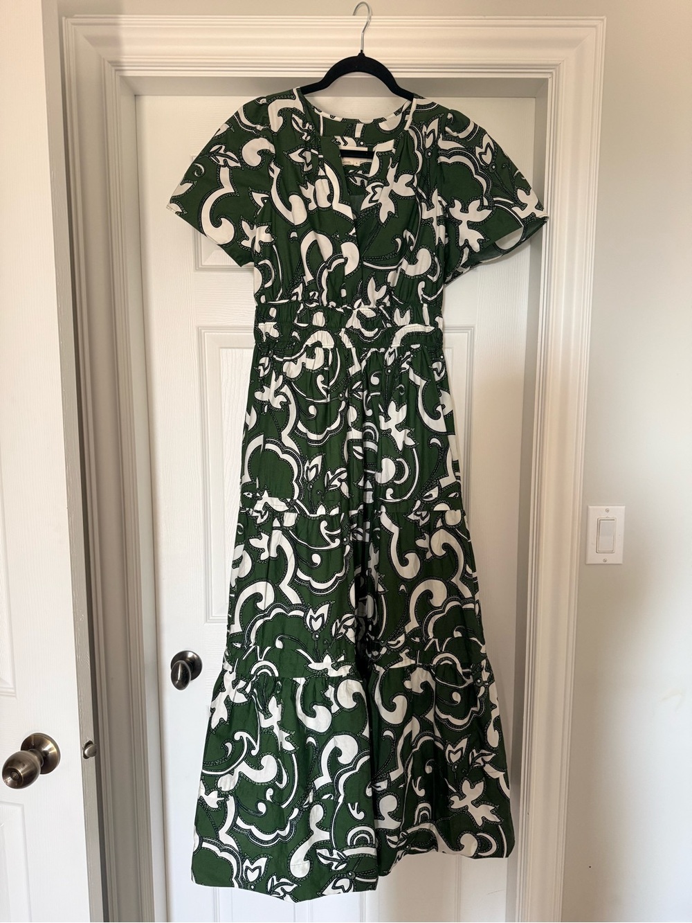 Anthropologie Green and White Maxi Dress with Graphic Print